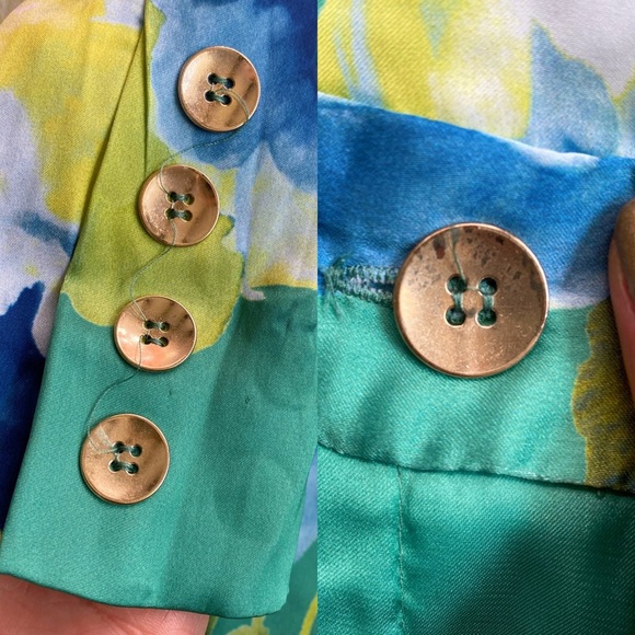 🦜 ZARA GREEN BLUE YELLOW FLORAL SATIN WIDE LEG LONG SLEEVE JUMPSUIT! - Picture 14 of 16